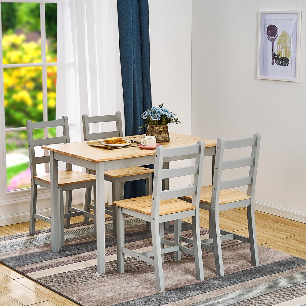 Panana Pine Wood Dining Table and 4 Chairs Set, 5-Piece Home Kitchen Furniture Set Natural Grey