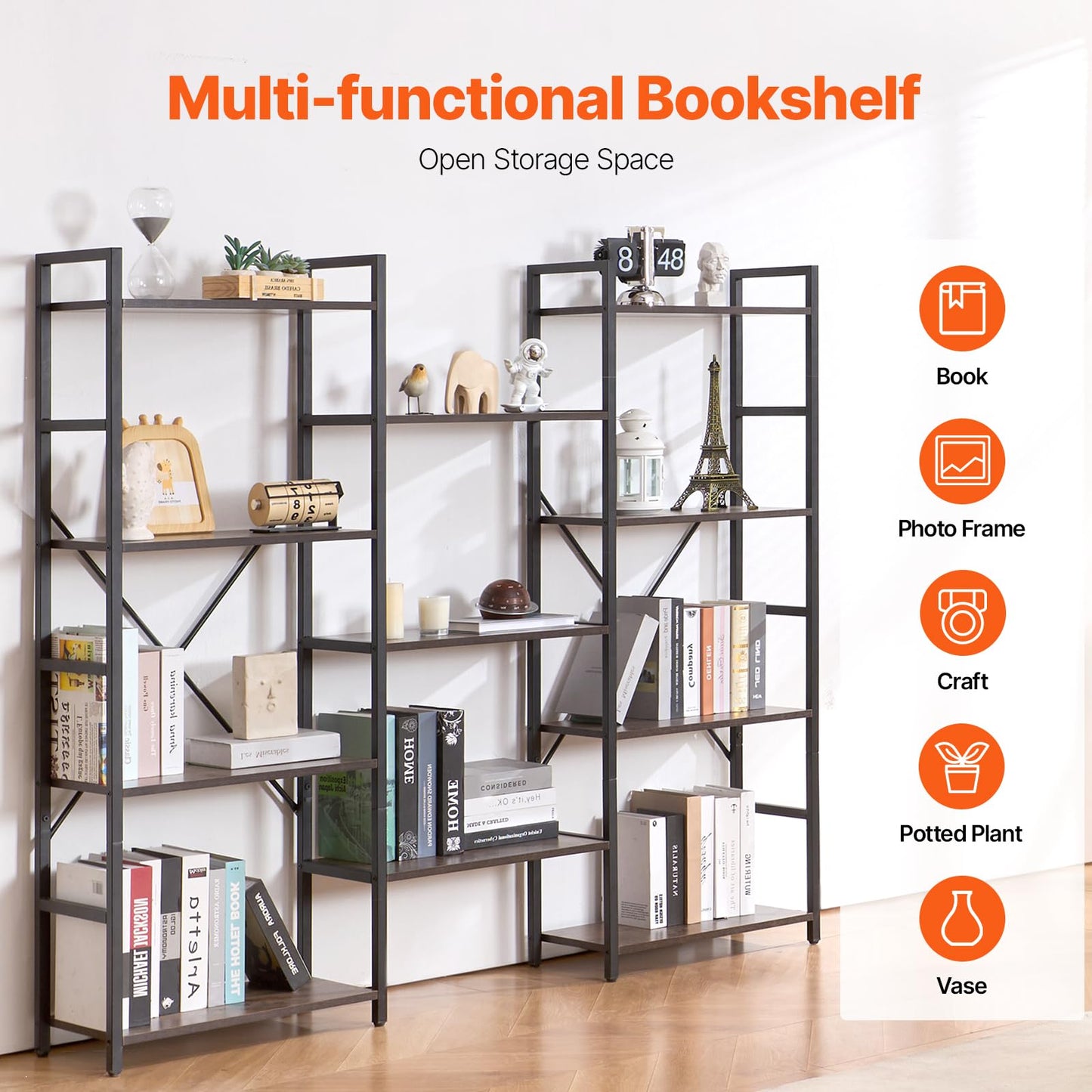 VEVOR Triple Metal Bookshelf, 11-Tier Industrial Bookshelf, Large Rustic Vintage Storage Bookcase with Open Shelves