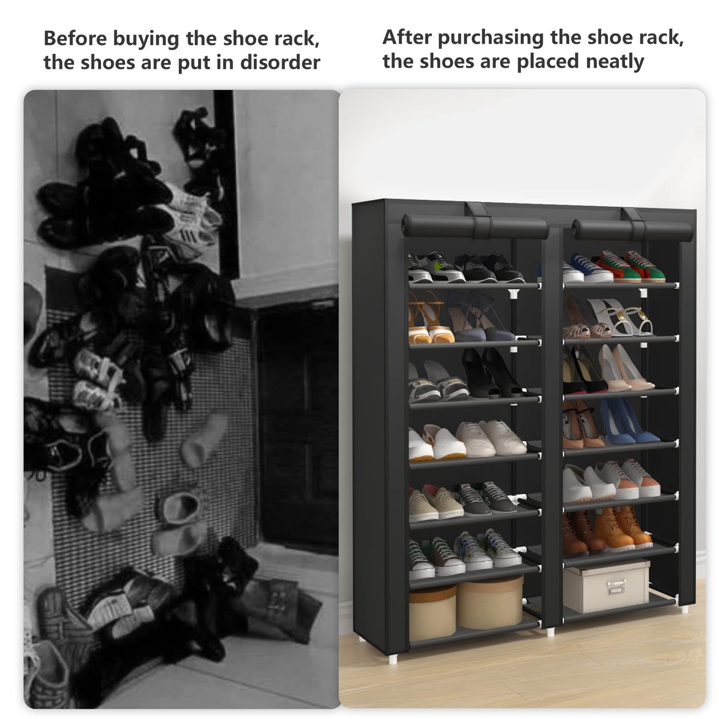 JIUYOTREE 7-Tier Dustproof Shoe Rack Holds 28 Pairs Shoes, Black