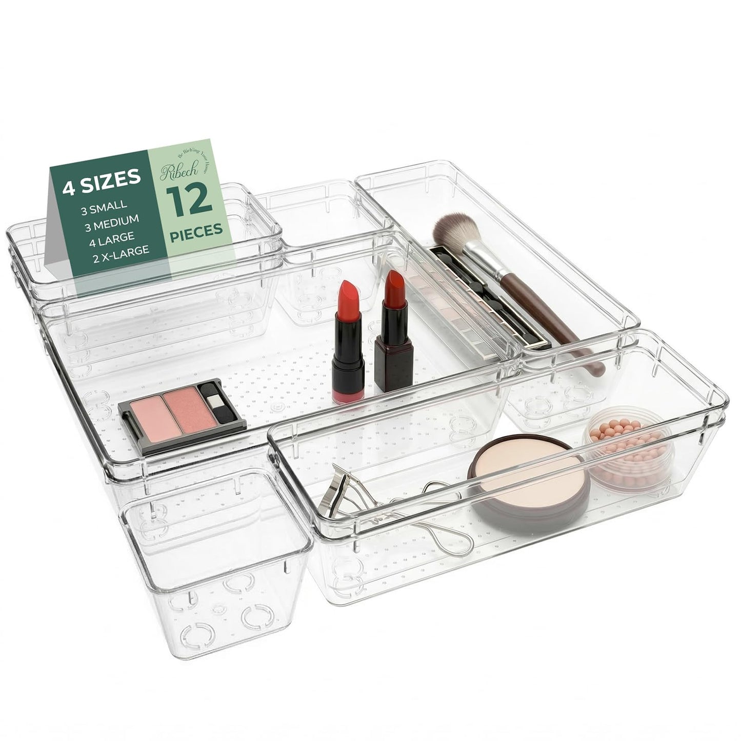 Ribech 12-Piece Drawer Organiser Set, 4 Sizes with 50 Non-Slip Dots, Stackable Storage Boxes for Makeup, Kitchen, Bathroom & Office, Crystal Clear