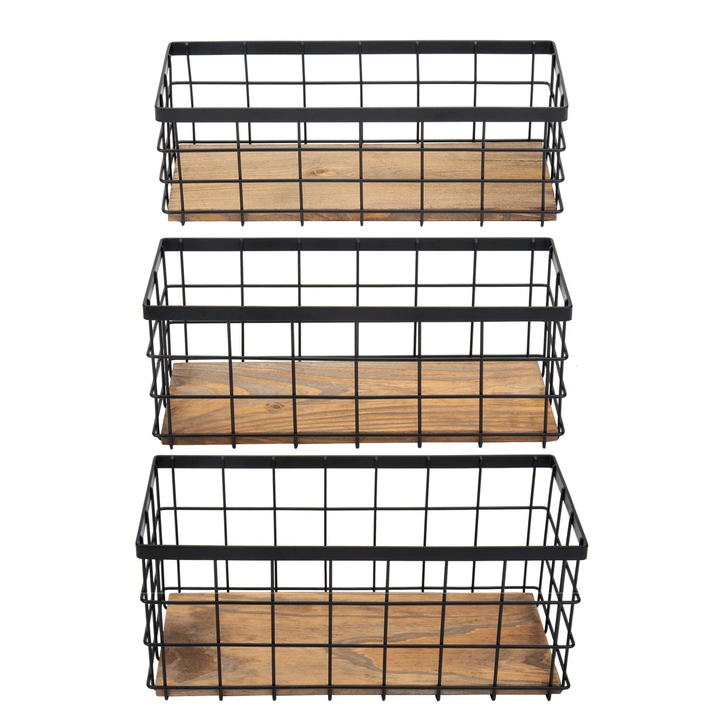 TIEYIPIN Farmhouse Decor Metal Wire Storage Baskets, Wood Base Containers Organizing Basket Caddy Bin for Kitchen Cabinets, Bathroom, Pantry, Garage