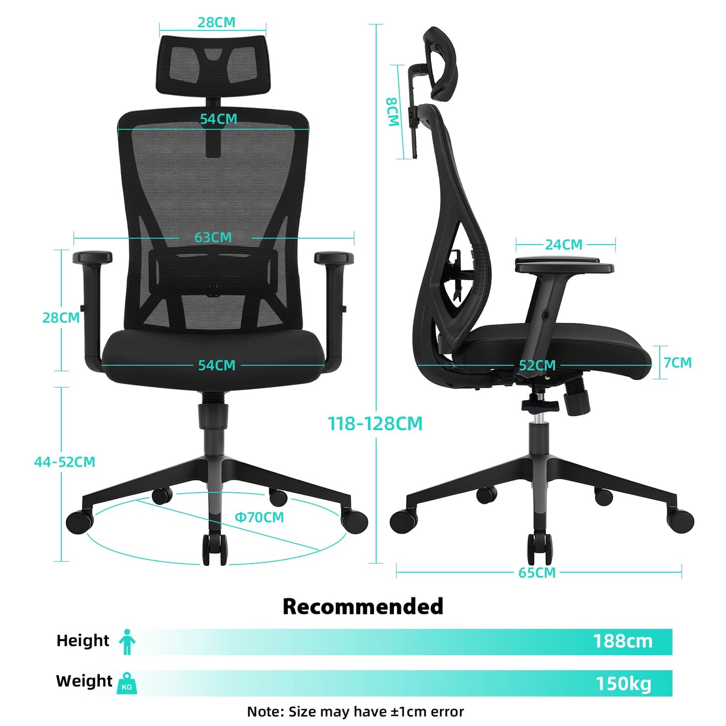 Durrafy Ergonomic Office Chair, Desk Chair with Adjustable Lumbar Headrest and Armrest, Office Chairs Support up to 150 kg