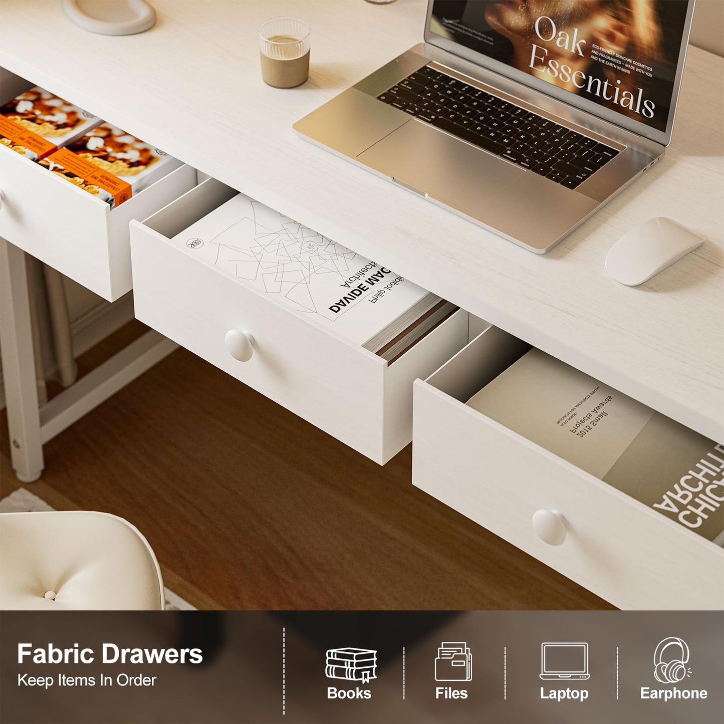 Grandder Small Computer Desk with 3 Fabric Drawers, 100 x 40 cm Home Office Desk with Storage Bags and Drawers
