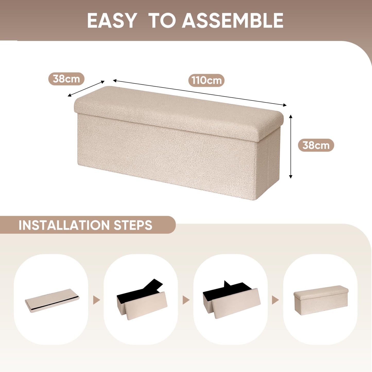 Bonlife Ottoman Storage Bench,Folding Boucle Footstool for Living Room,End of Bed Bench,Sherpa Foot Rest,140L Storage Space,Beige,110x38x38cm