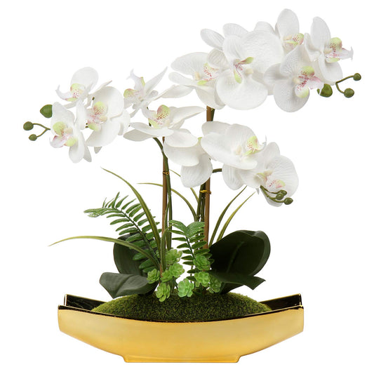 Briful 15" Artificial Phalaenopsis Flowers Arrangement Artificial Orchid Bonsai in Gold Pot Fake Flowers Silk Orchid Flower for Table Centerpieces