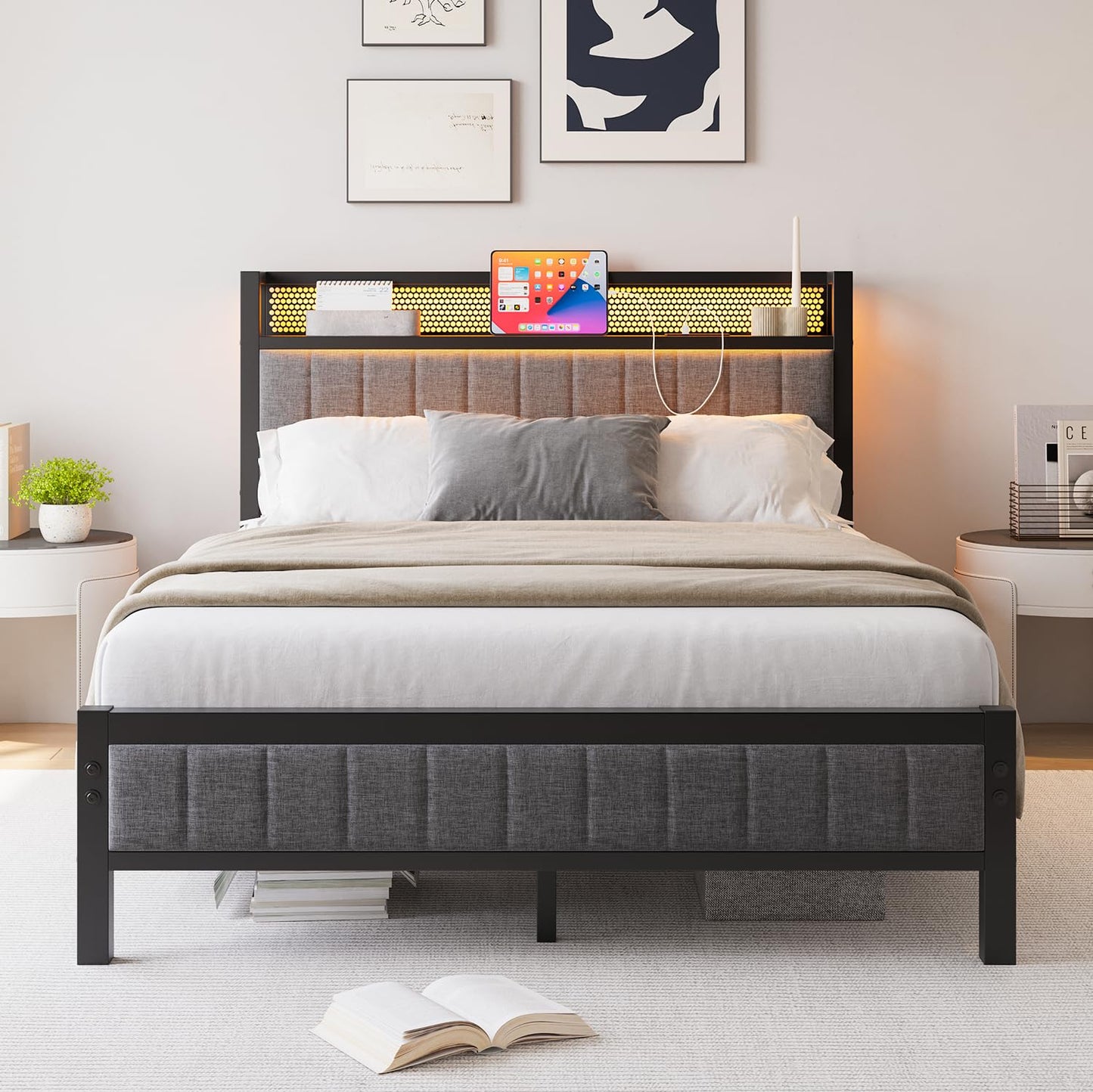 MOFLUT 4ft6 Double Bed Frame with Storage Headboard, USB & LED Lights,Gray