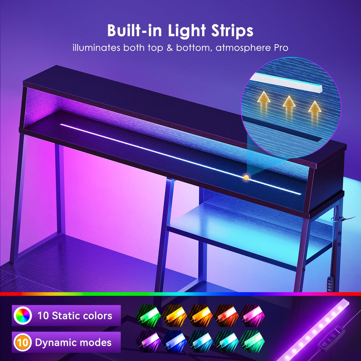Coleshome L Shaped Gaming Desk with Led Lights, 130×100 cm, Black