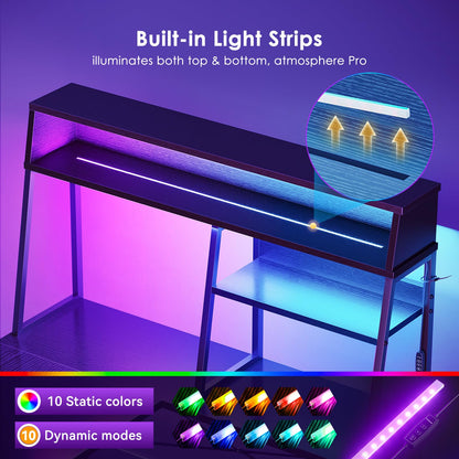 Coleshome L Shaped Gaming Desk with Led Lights, 130×100 cm, Black