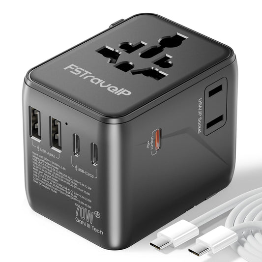 Universal Travel Adapter 70W Fast Charge, Travel Plug Adapter Worldwide with 5 USB Ports (2 USB C), Universal Plug Adaptor UK to World, Dual10A Fuses