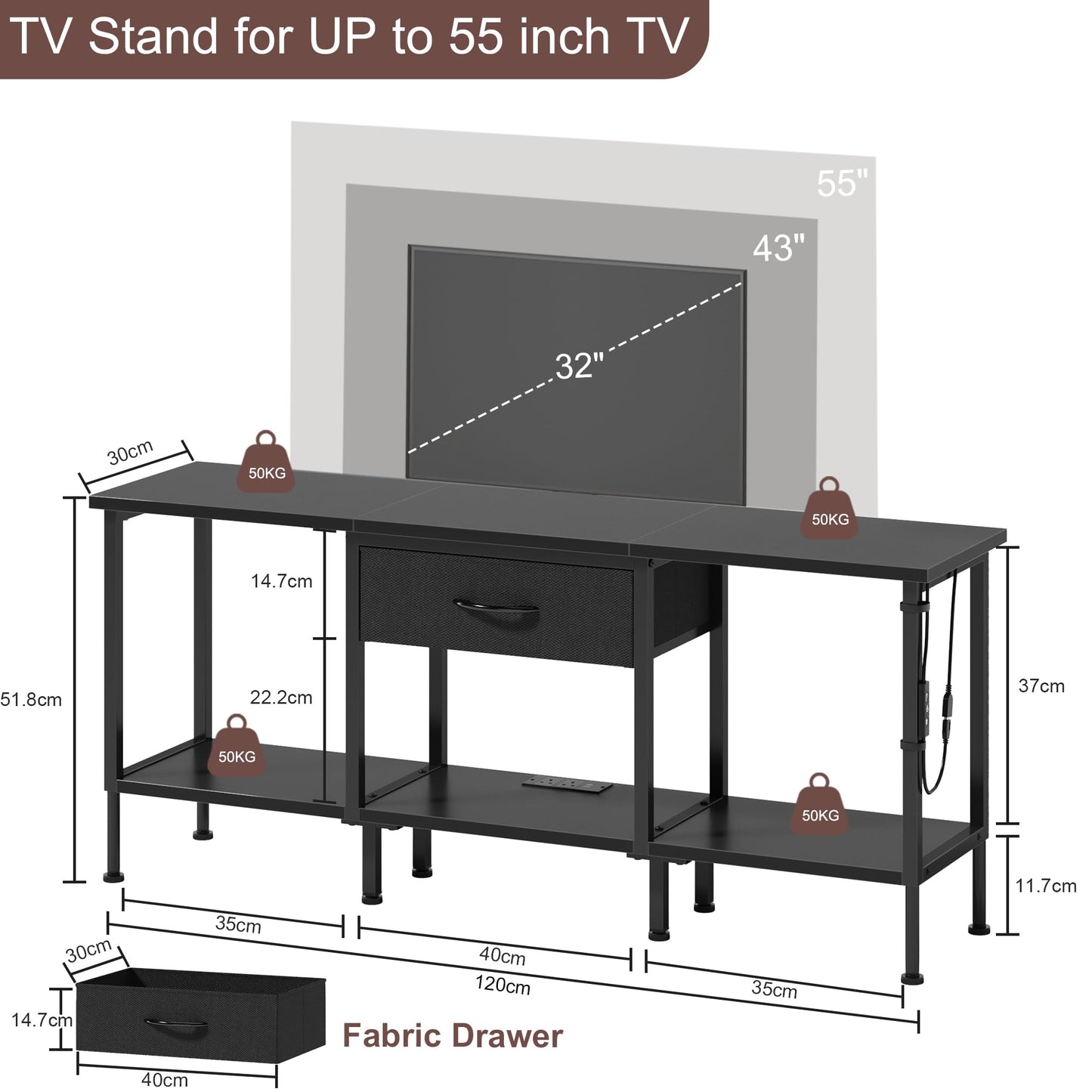 OYRREU TV Stand Cabinet LED for 55 50 Inch, TV Unit with Socket, USB Slots