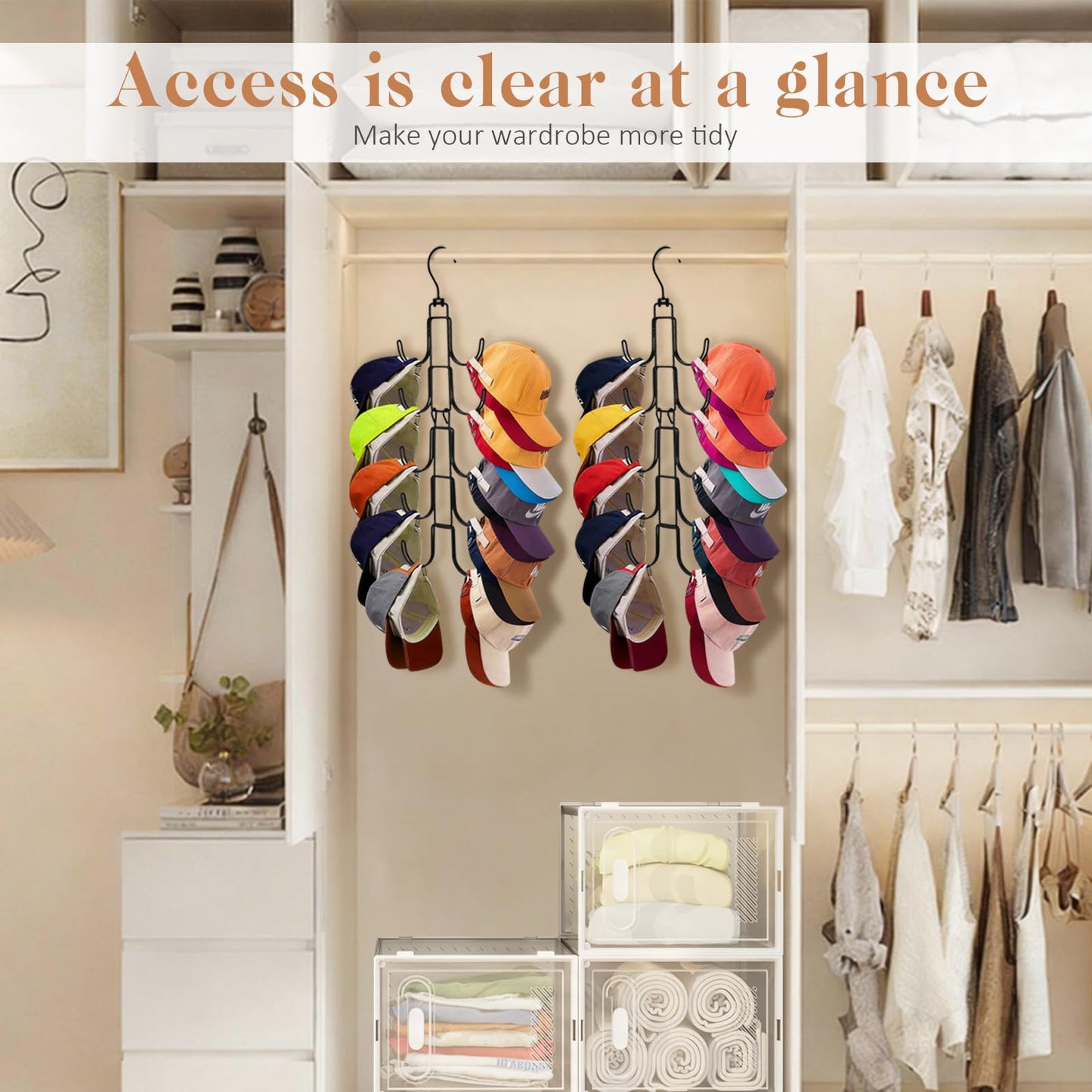 Hat Organizer for Closet, Collapsible Caps Rack with 10 Rotatable Large Hooks, Holds Up to 40 Baseball Caps