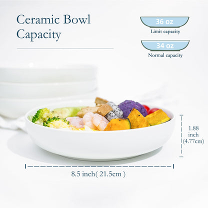 Jassceram 8.5 Inch Pasta Bowls Set of 6, 36 Oz Porcelain Salad Serving Bowls, Large Wide Pasta Plates for Kitchen, Round Dinnerware Dishes -