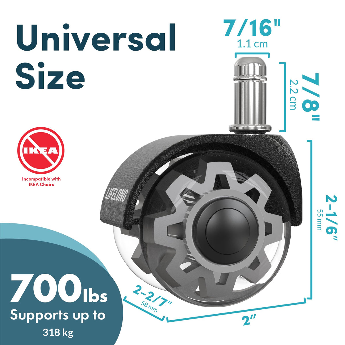 Lifelong Office Chair Dual Wheels Replacement Rubber Chair Casters for Hardwood Floors and Carpet, Set of 5