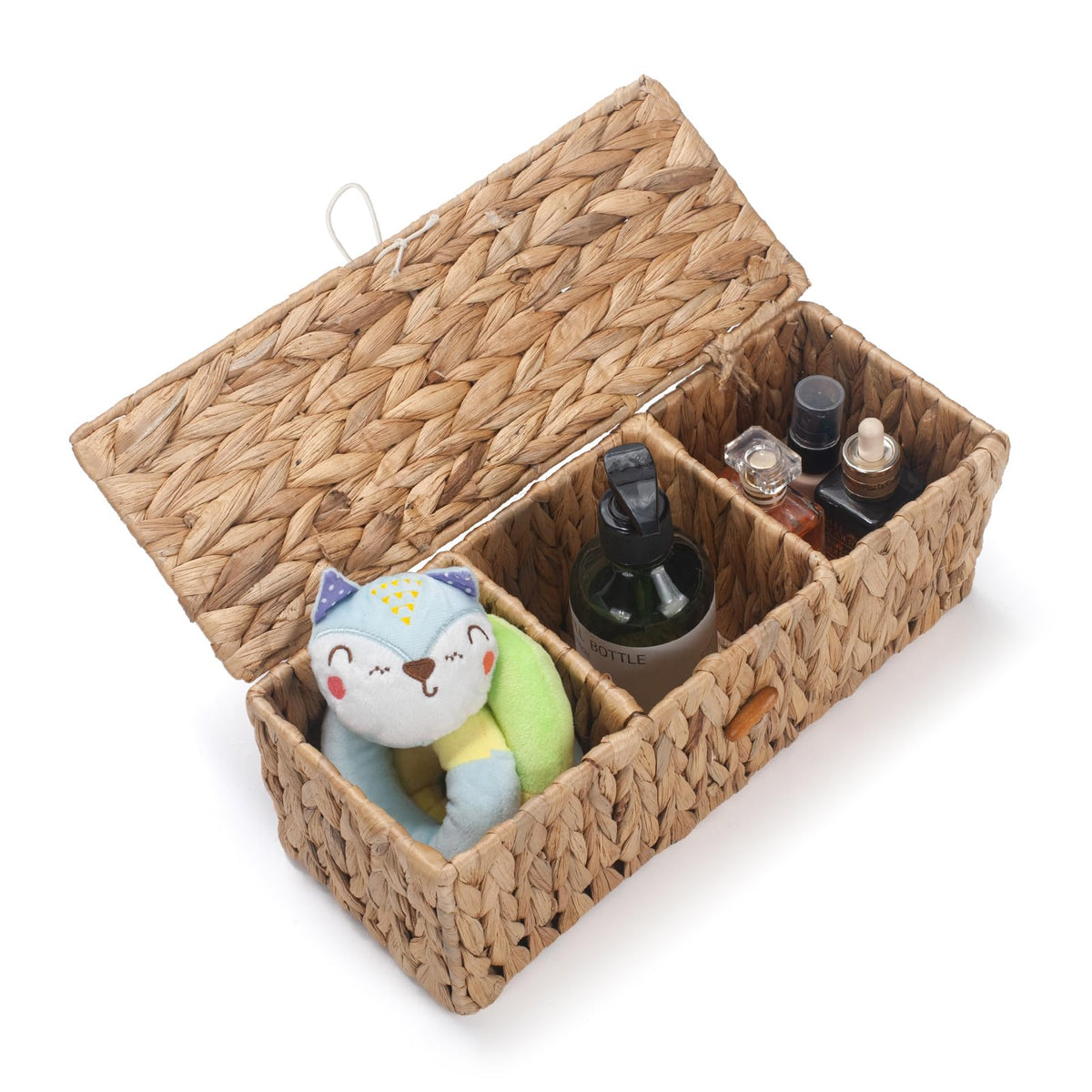 Wicker Bathroom Basket with Lid, Water Hyacinth Toilet Tank Basket with 3 Compartments, Woven Storage Box for Bathroom Organizer 33.5 x 13 x 11.5 cm
