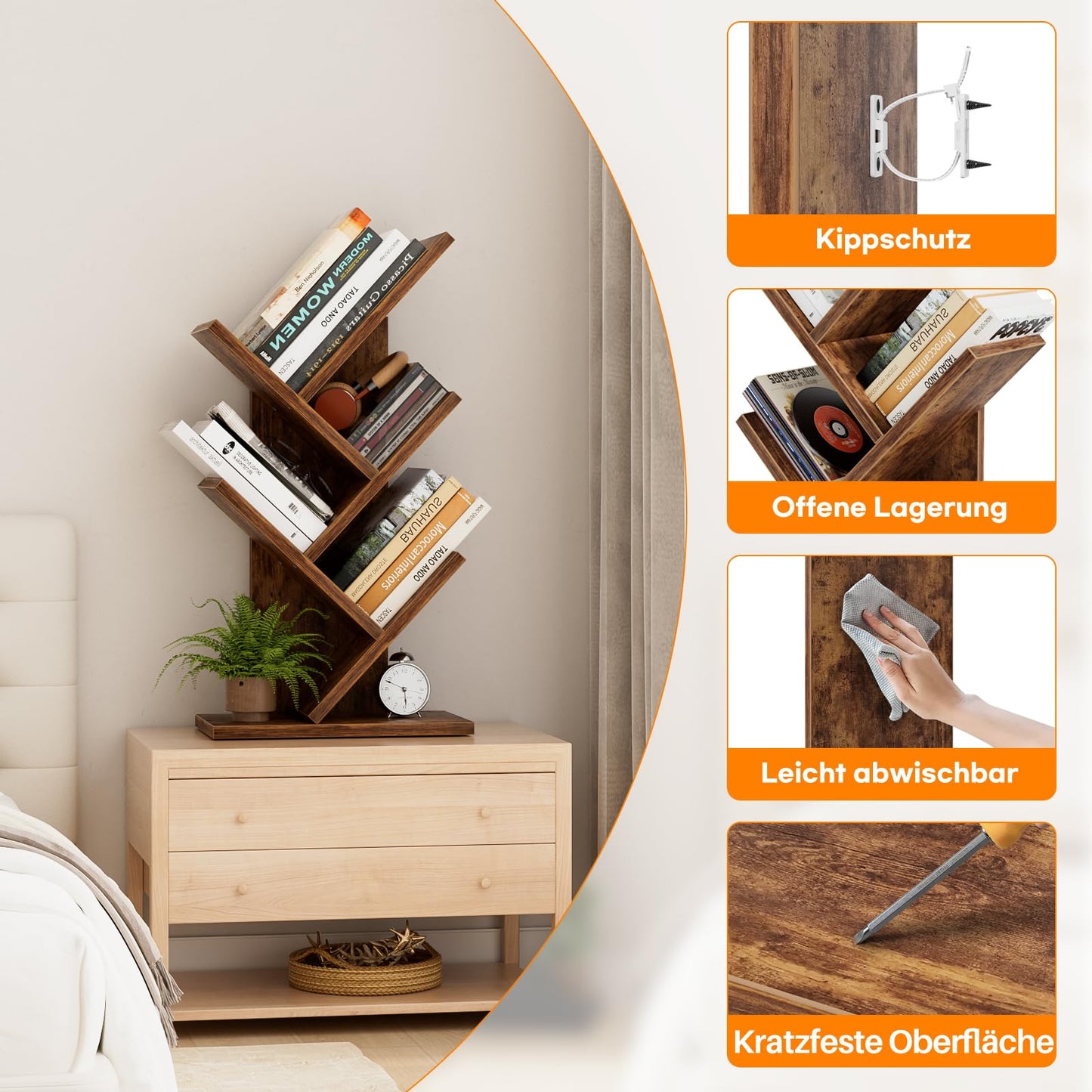 iSunirm 5-Tier Tree Bookshelf, Floor Standing Bookcase, Modern Wood Book Shelf for Bedroom, Living Room, Home Office, 38x20x77cm,Brown
