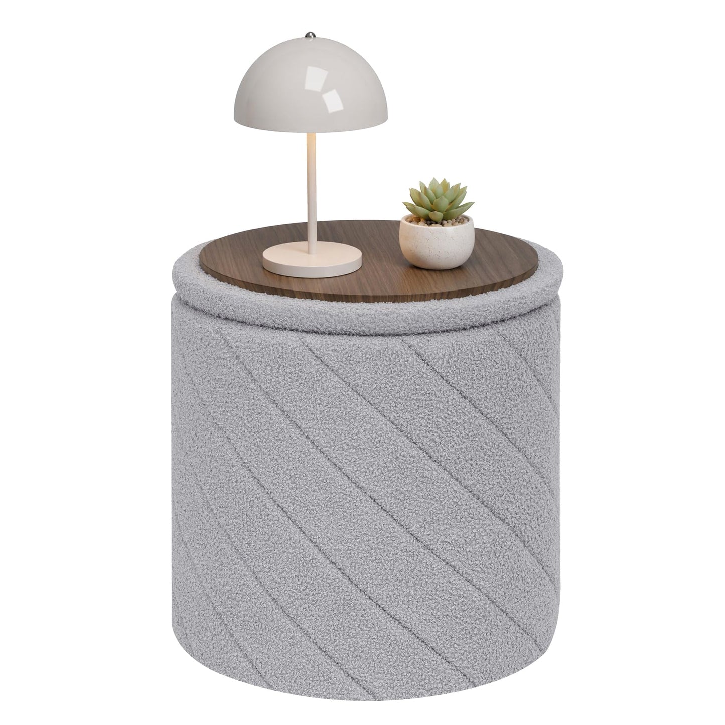 Bonlife Round Ottoman Stool with Storage, Folding Footstool with Lid,Boucle Vanity Stool for Living Room,Bedroom,Entryway,Grey,43x43x45cm