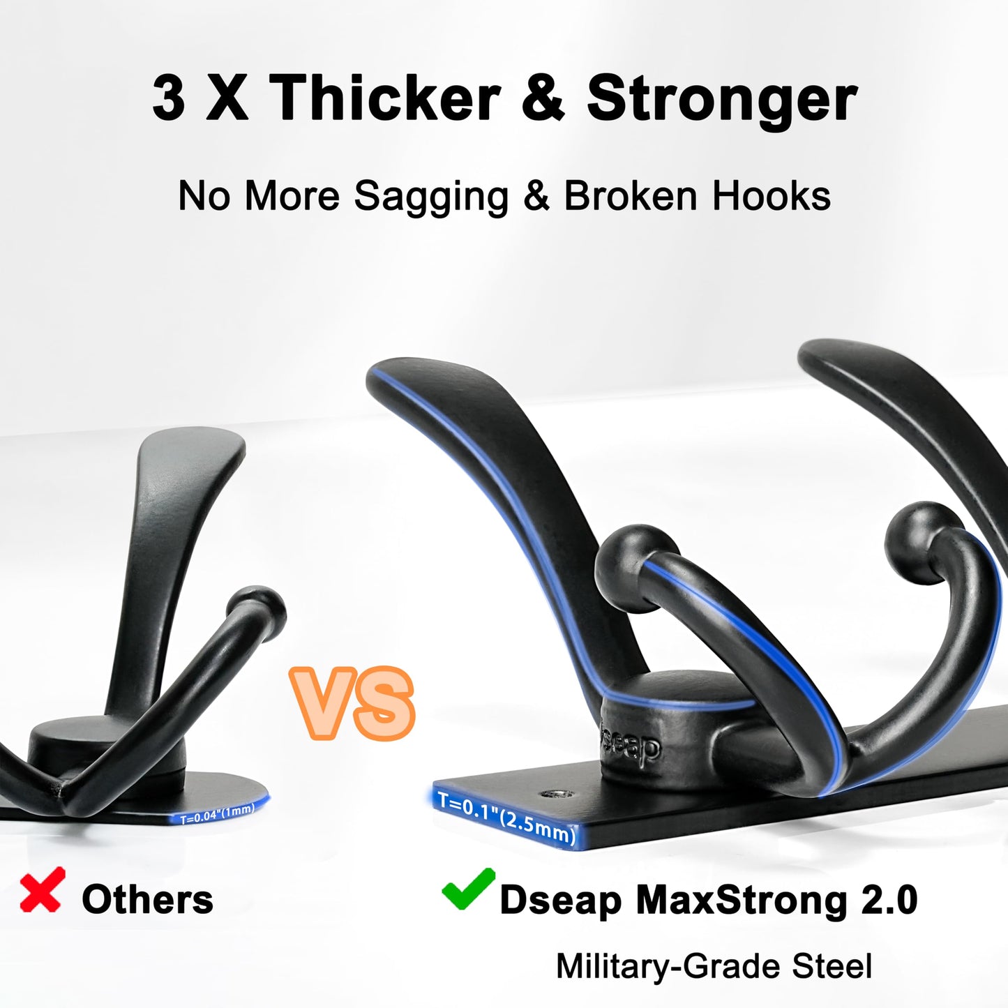Dseap Coat Rack Wall Mount, Heavy Duty 2.5mm Base vs Flimsy 1mm, Double-Thick Solid Anti-Snap Hooks