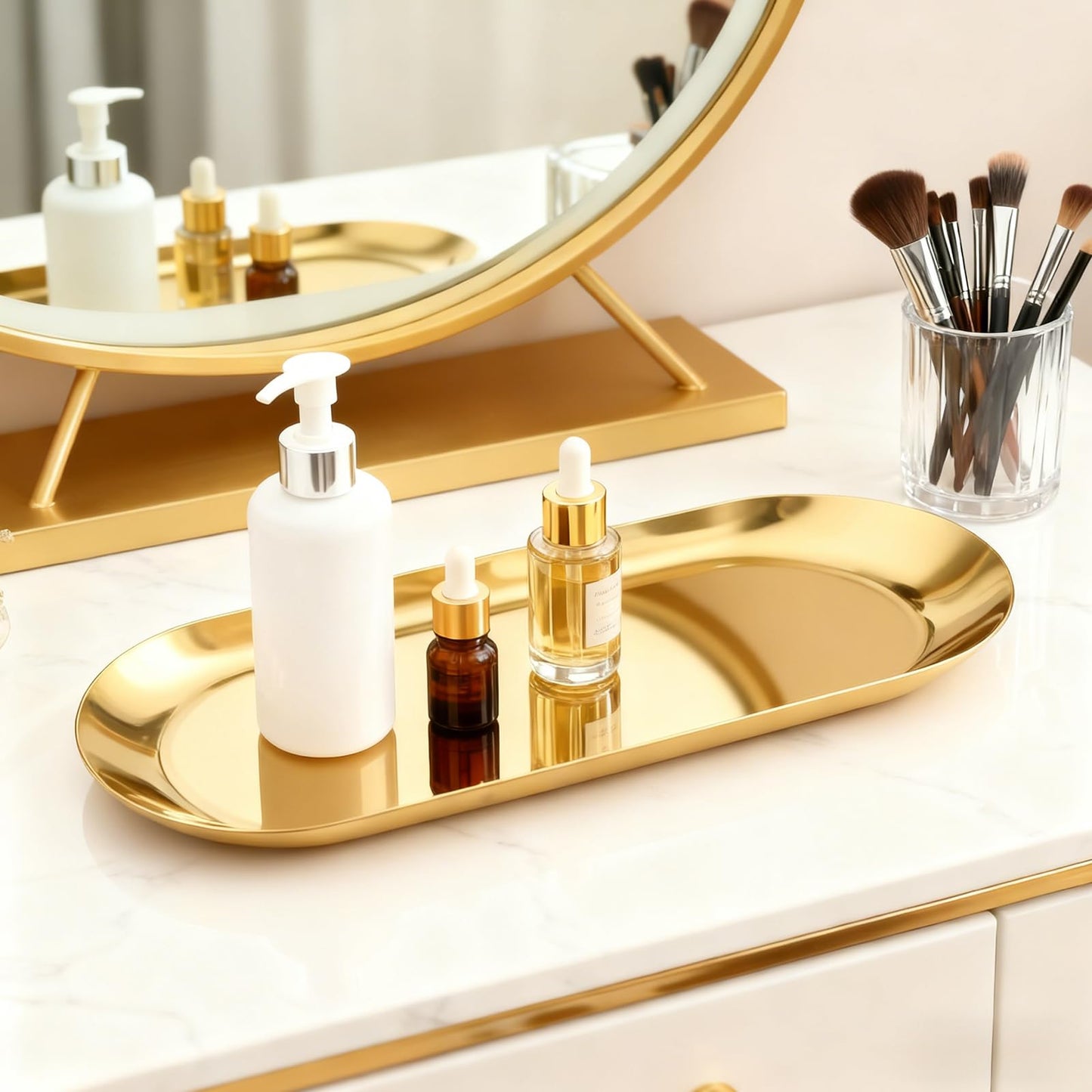 HAFRILY 2Pcs Oval Trinket Dish Stainless Steel Gold Tray Elegant Retro Jewellery Perfume Storage Decorative Tray Small Cosmetics Trays for Bedroom