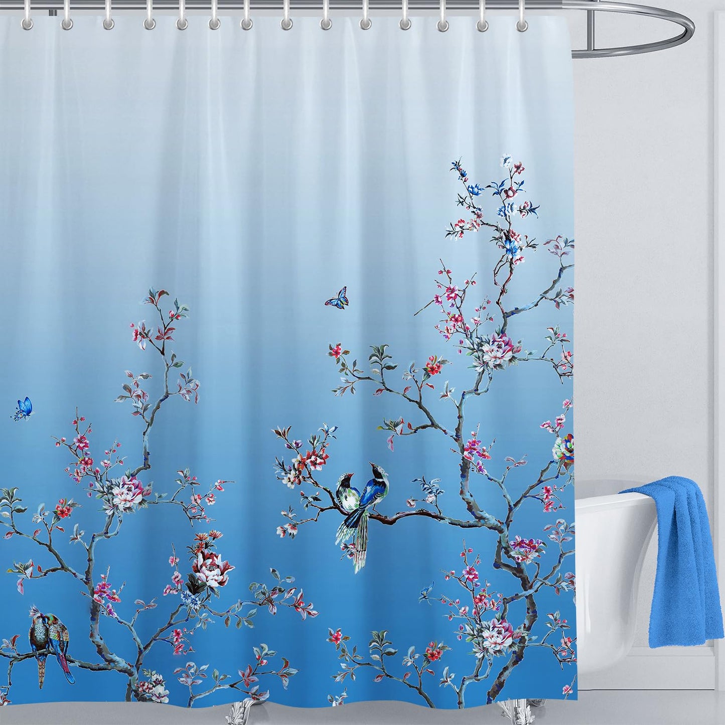 LIVETTY Ombre Blue Bird Extra Long Shower Curtain 200cm ? 200cm Drop Floral Butterfly Fabric Bathroom Curtain Mould Proof Spring Washable Shower