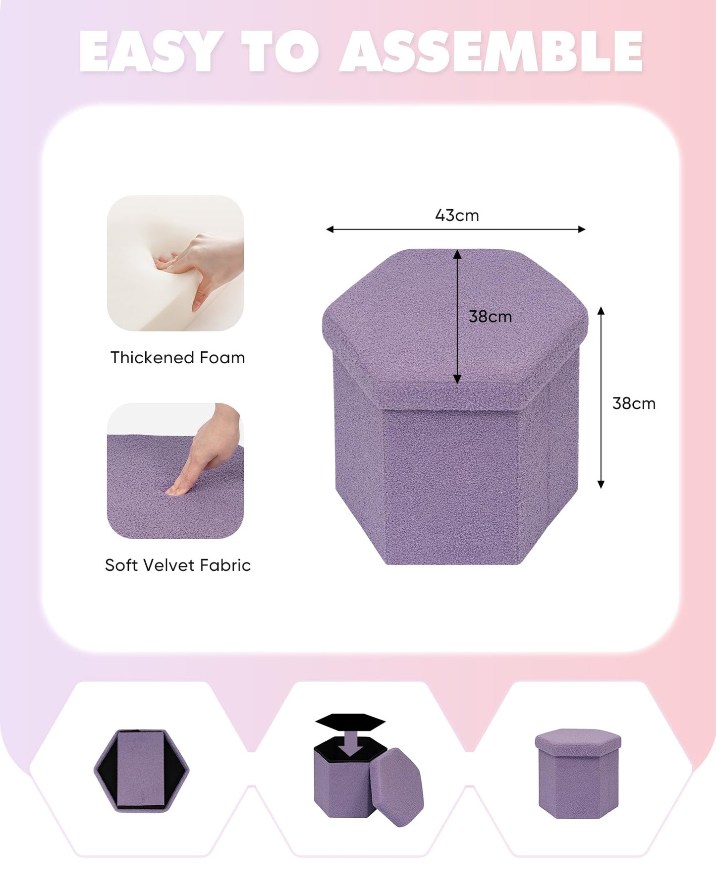 Bonlife Folding Storage Ottoman Hexagonal, Footrest with Toy Ches Box, 43cm