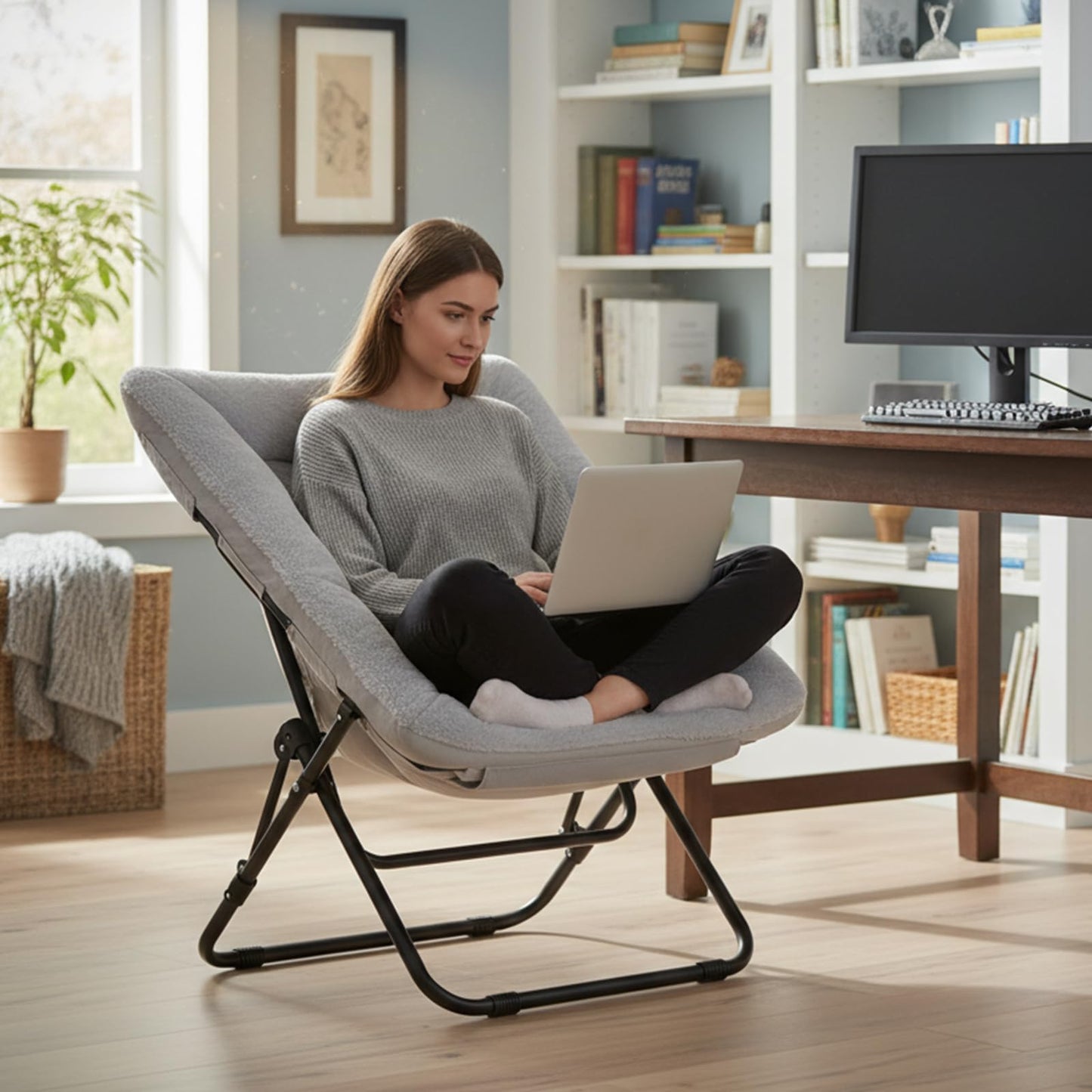 SESHINELL Comfy Saucer Lounge Chair, Oversized Foldable Faux Fur Moon Chair for Bedroom, Living Room, Dorm Rooms, Grey