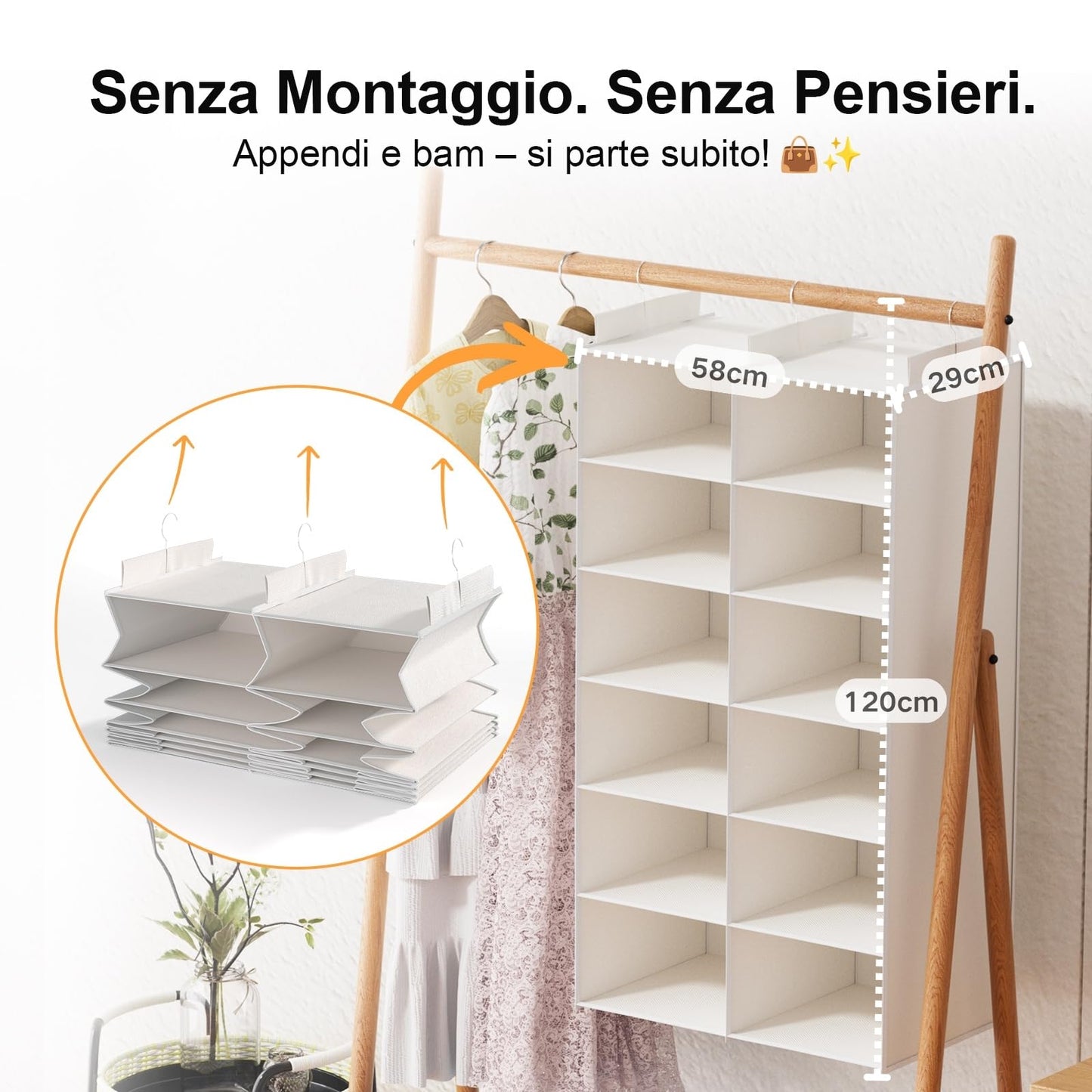 ALLTIDYUP Double Row Folding Hanging Wardrobe Organiser with 6 Compartments, 12 Pockets and 3 Hooks, Space Saving for Clothes-White
