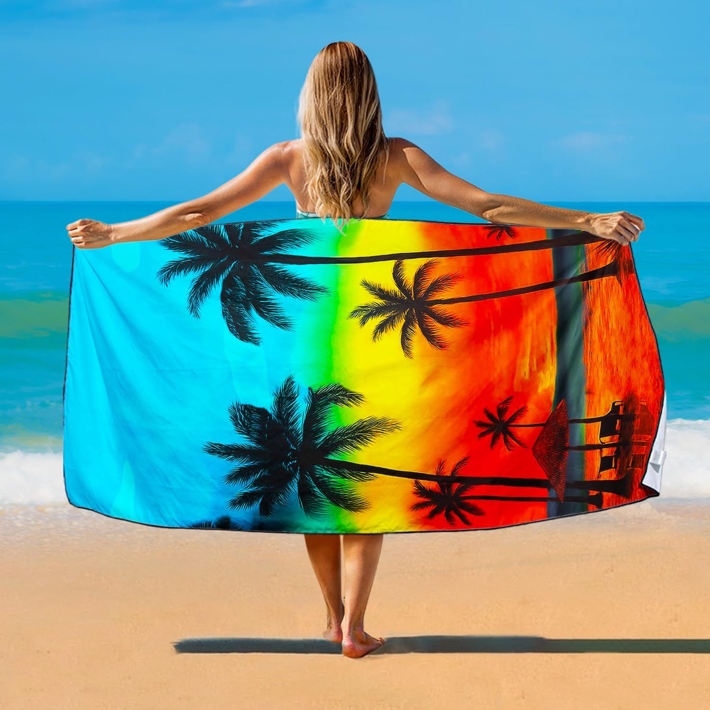 Violetpos Rainbow Sunset Palm Tree Beach Towel, Extra Large 180x90 cm 250GSM Microfibre, Sand Free Quick Dry