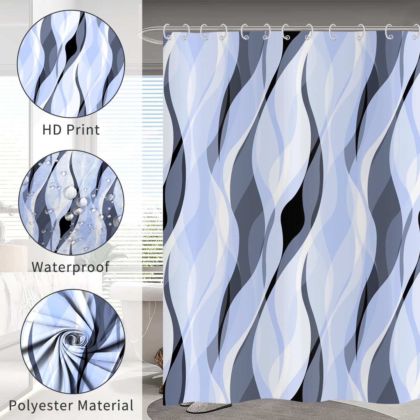 Hnmdmyi Light Blue Shower Curtain 120x180, Modern Abstract Blue and Grey Striped Bathroom Curtains with Hooks Waterproof Polyester Fabric Washable