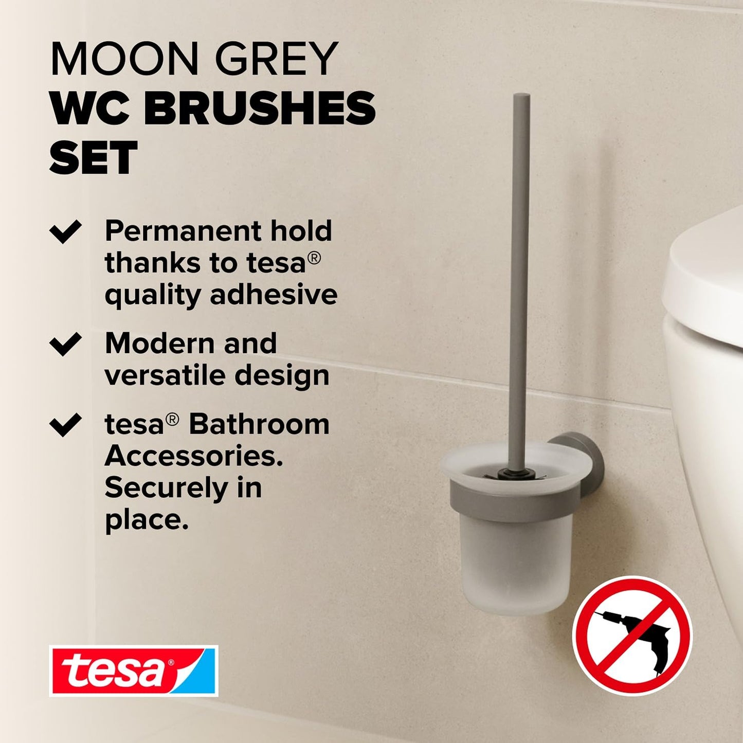 tesa MOON GREY Toilet Brush Set, with holder and toilet brush, matt grey, satin glass - for industrial style and modern bathrooms - drill-free