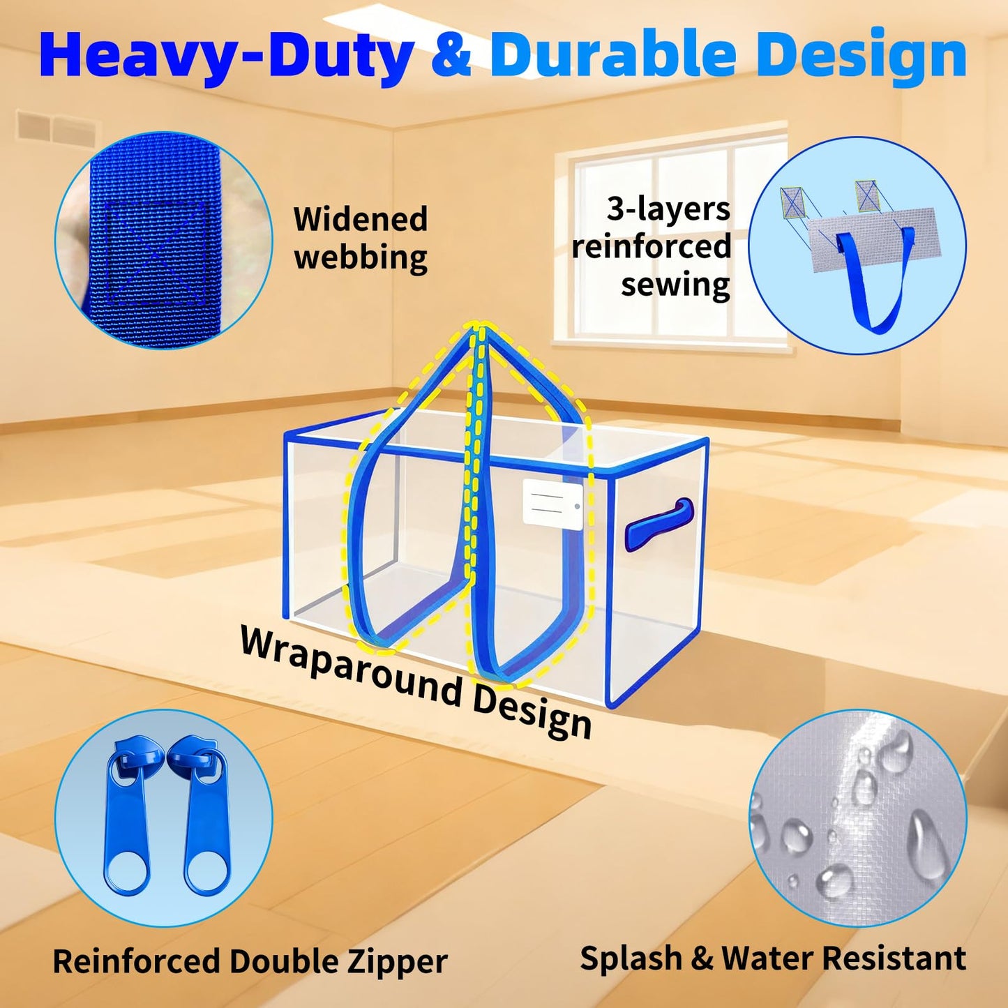 AuTong 4-Pack Storage Bags with Zips: 94L Clear Plastic Moving Bags with Reinforced Wrap Around Handles for Family, College Dorm