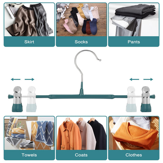 GUANJUNE Thin Trouser Hangers with Adjustable Clips, Space Saving Non-Slip Pant Hangers for Clothes, Skirt, Jeans, Coat Dark Green, 10