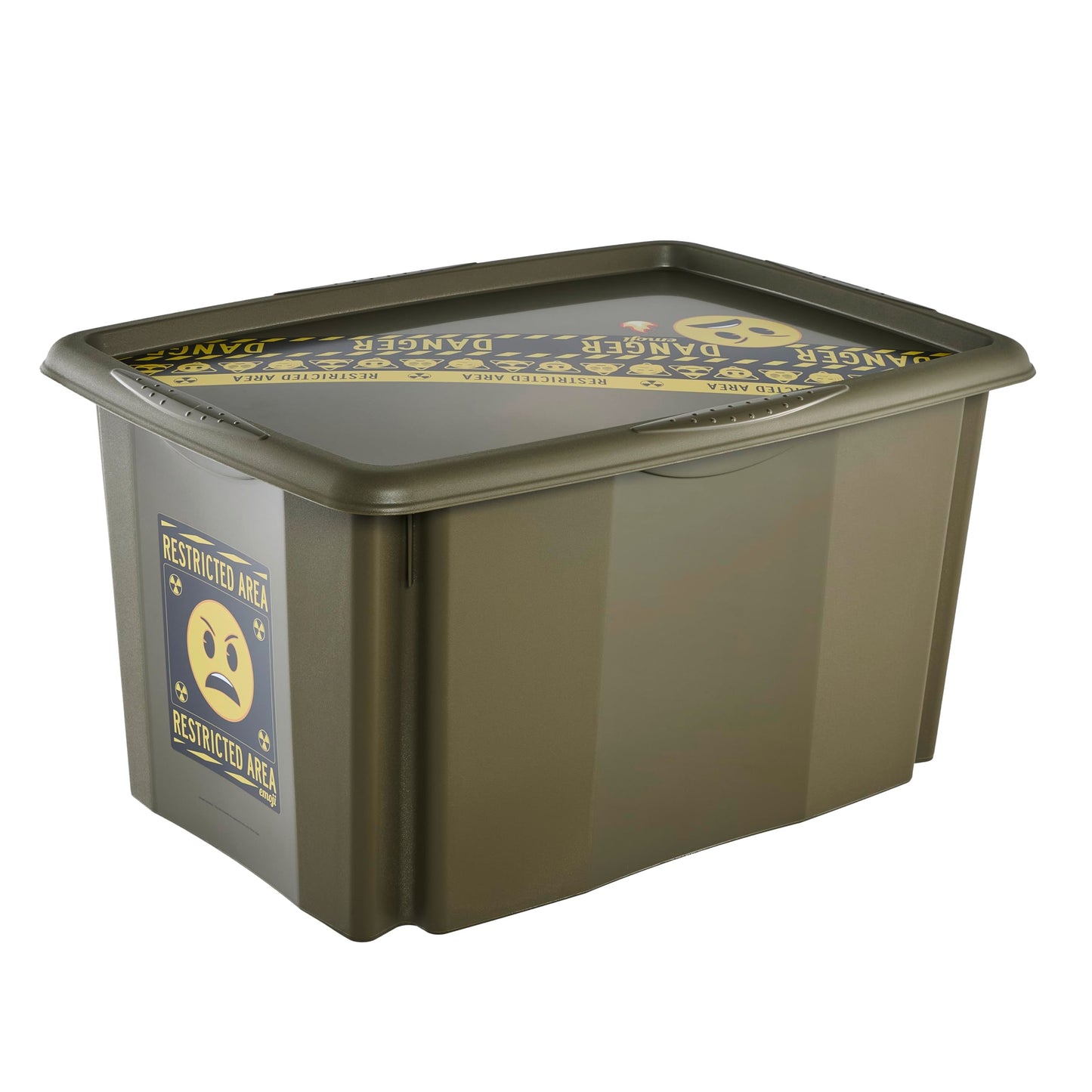 keeeper karolina storage box with lid, 45 l, stackable and nestable, Emoji Danger design, For children, Olive green (Olive)