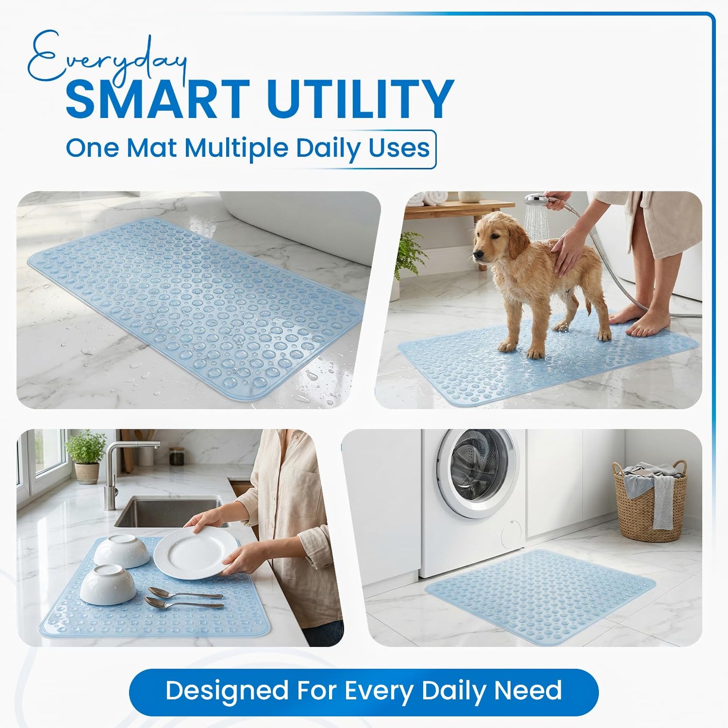 Rugs Garden Shower Bath Mats - Washable Non Slip Anti Mould Rubber Bathmat with Suction Cups for Bathtub and Bathroom (Blue, 53x53 cm)