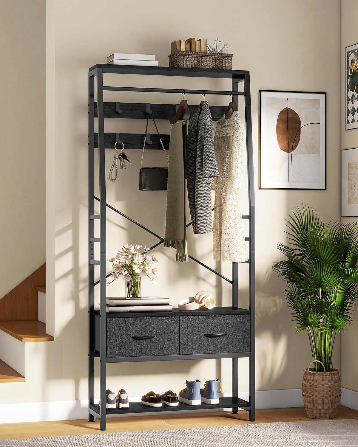 YITAHOME Coat Rack Stand with Shoe Storage, Floorstanding Hall Tree with Bench & 2 Foldable Drawers