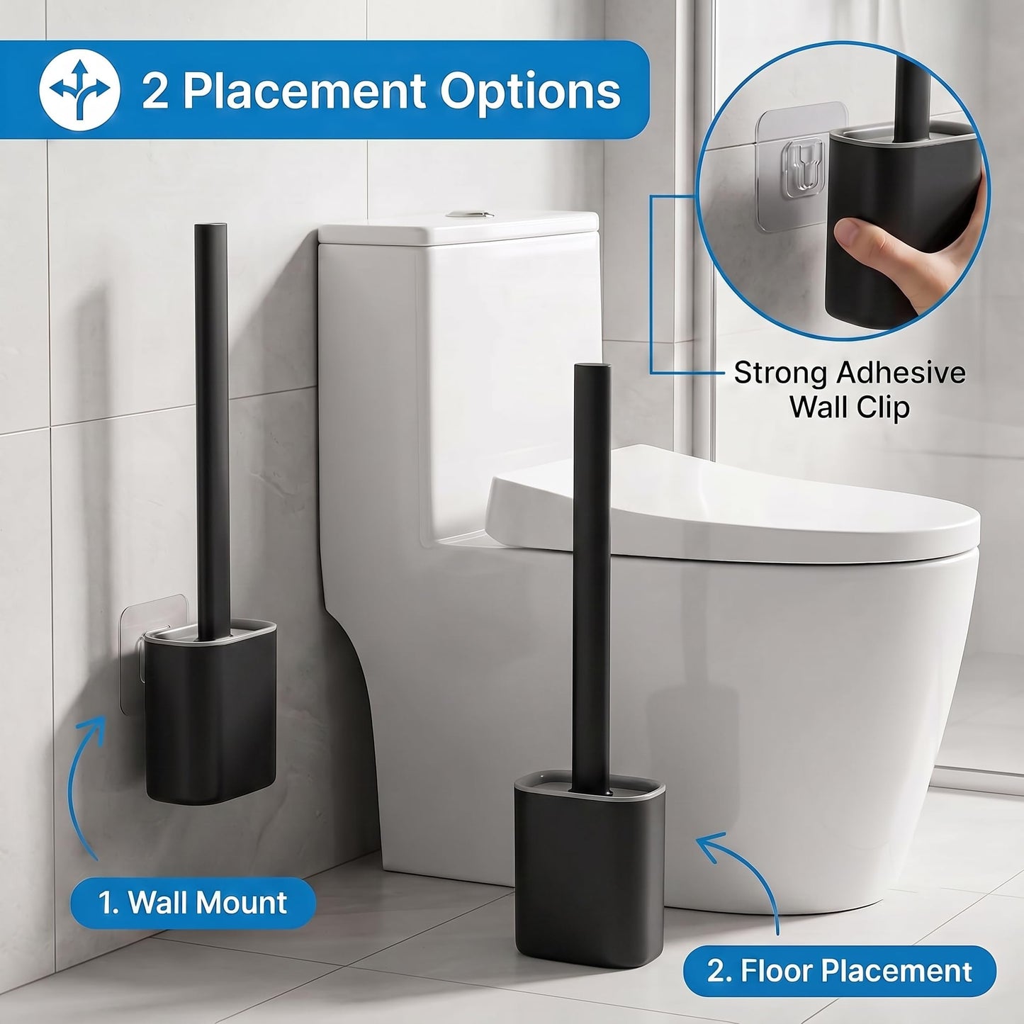 HomlyPro 2 Pack Silicone Toilet Brush and Holder Set, Deep Cleaning Flexible Bristles, Long Handle, Quick Drying Anti-Drip Base