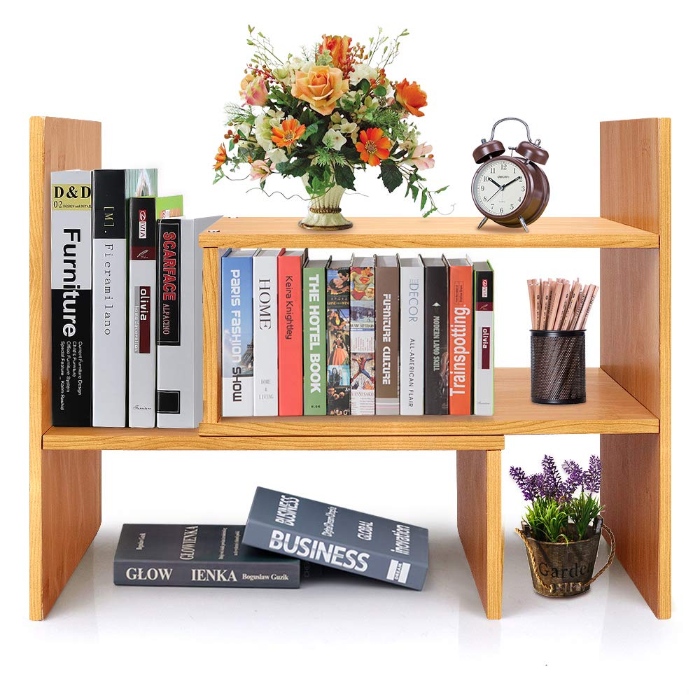 Bamboo Desk Storage Organizer, Desktop Display Shelf Rack, Multipurpose Bookshelf for Office & Home, Expandable Desktop Stand Bookshelf
