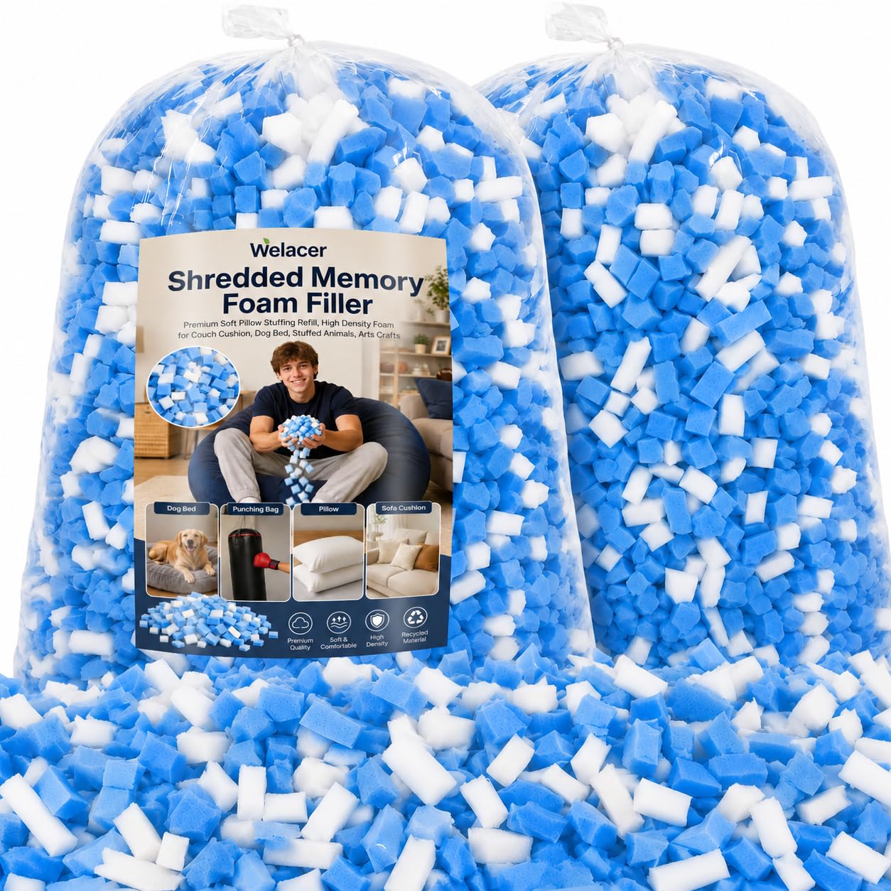 Welacer Blue White Shredded Memory Foam 4.5KG, Bean Bag Chair Refill