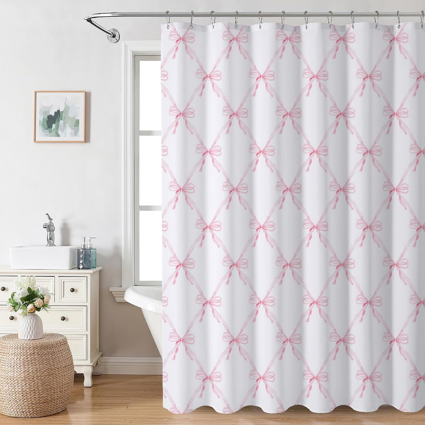 AIBIIN Cute Shower Curtain Pink Bow bath curtain for Bathroom Modern Aesthetic Cloth Shower Curtain Durable Waterproof Polyester Material with 12