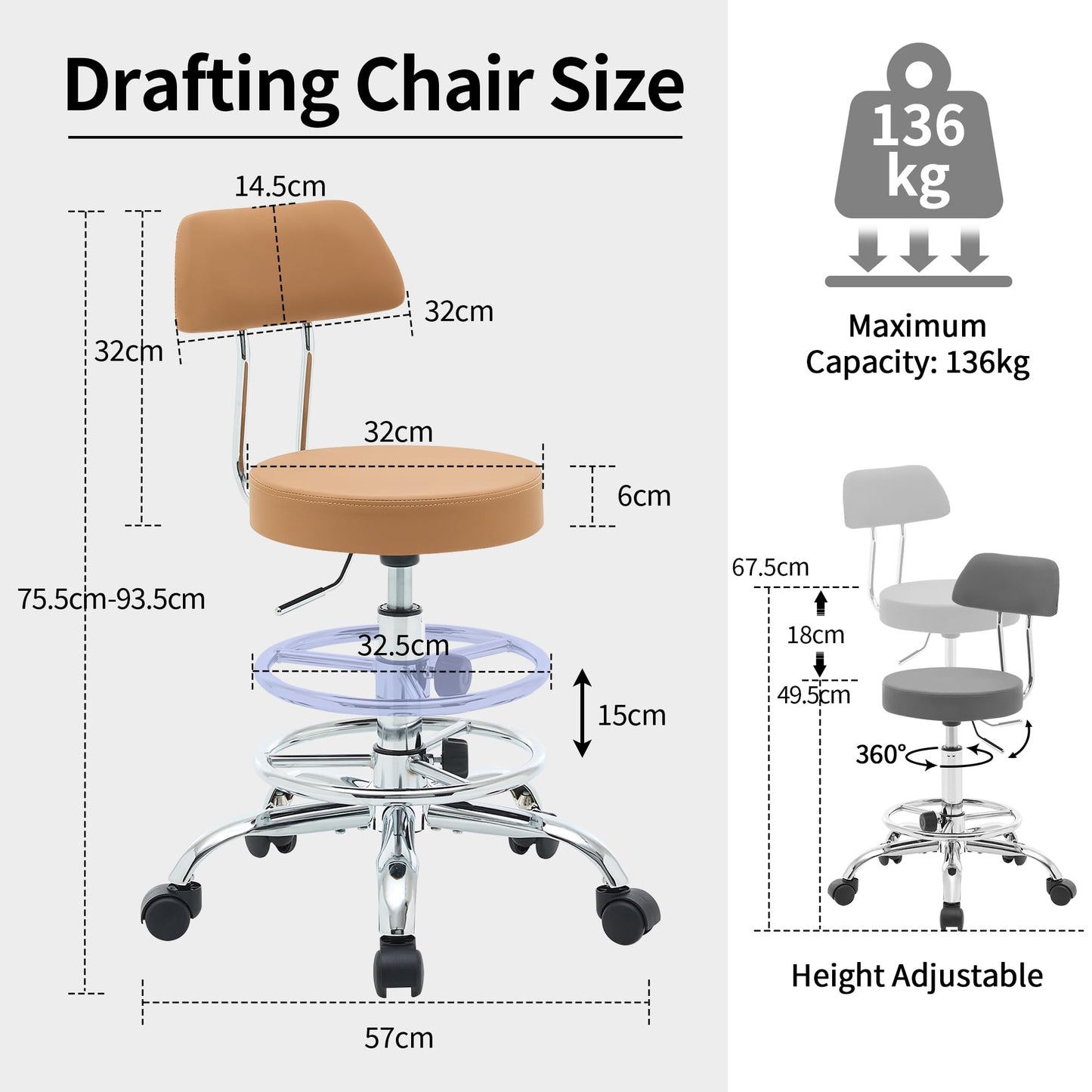 FIRAVOE Ergonomic Rolling Office Stool Chair with Backrest, Swivel Armless Desk Chair with Adjustable Footrest