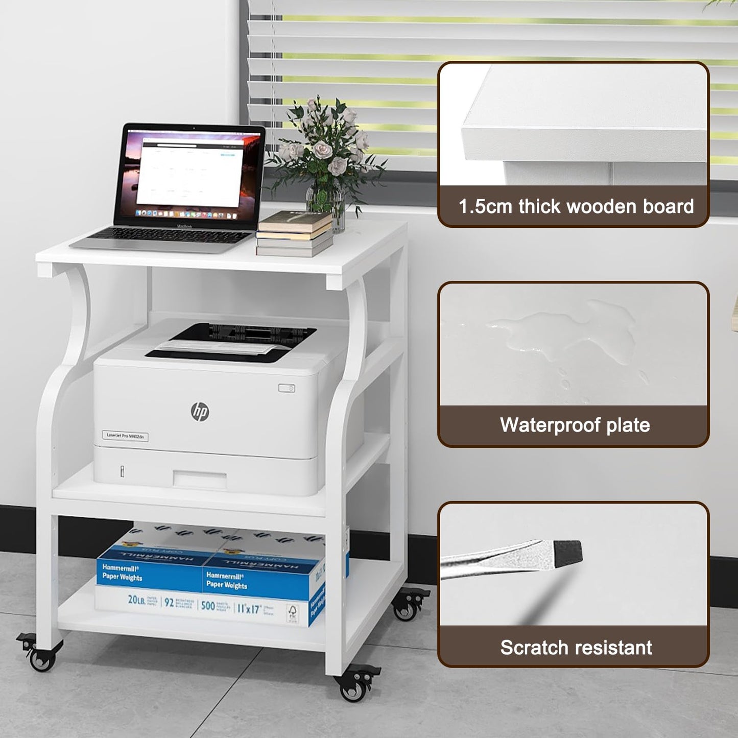PUNCIA 3-Tier Movable Printer Stand Table with Storage for Home Office