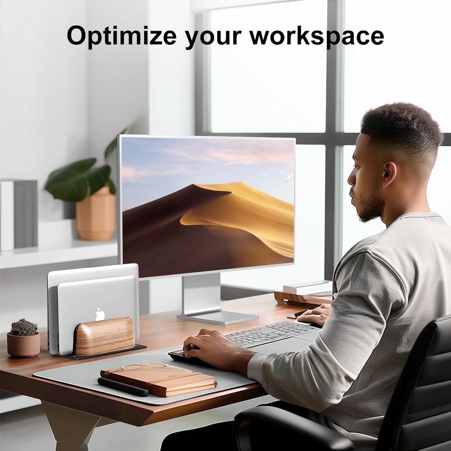 SHUOSUO Vertical Laptop Stand, Dual Slot Walnut Wood Laptop Holder for Desk, Natural Wooden & Aluminium Width Adjustable Dock for MacBook and Other