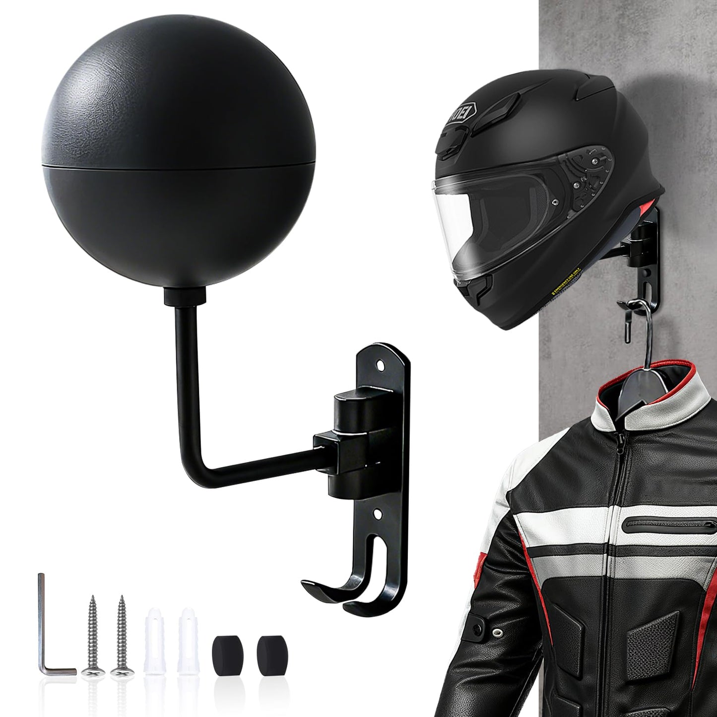 Griwuut 180° Motorcycle Helmet Rack Wall Mounted Rotatable Helmet Stand with 2 Hooks for Hard hat Handbag Coats Caps