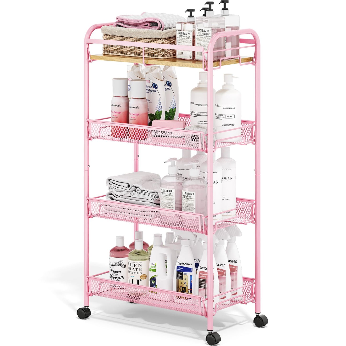 KINGRACK 4-Tier Rolling Cart with Wooden Tabletop & Mesh Baskets, Slide Out Metal Utility Cart