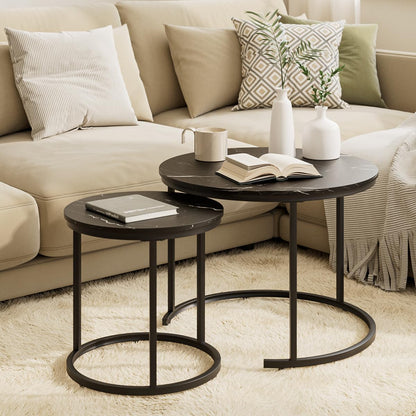 HEYZOEY Round Coffee Tables, Removable Set of 2 End Table, Nesting Tables with Metal Frame Legs and Black Top for Living Room, Bedroom, Office
