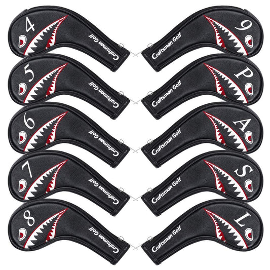 Craftsman Golf 10pcs Black Synthetic Leather Shark Golf Iron Head Covers Set Headcover with Number on both Sides For Callaway, Ping, Taylormade, Cobra