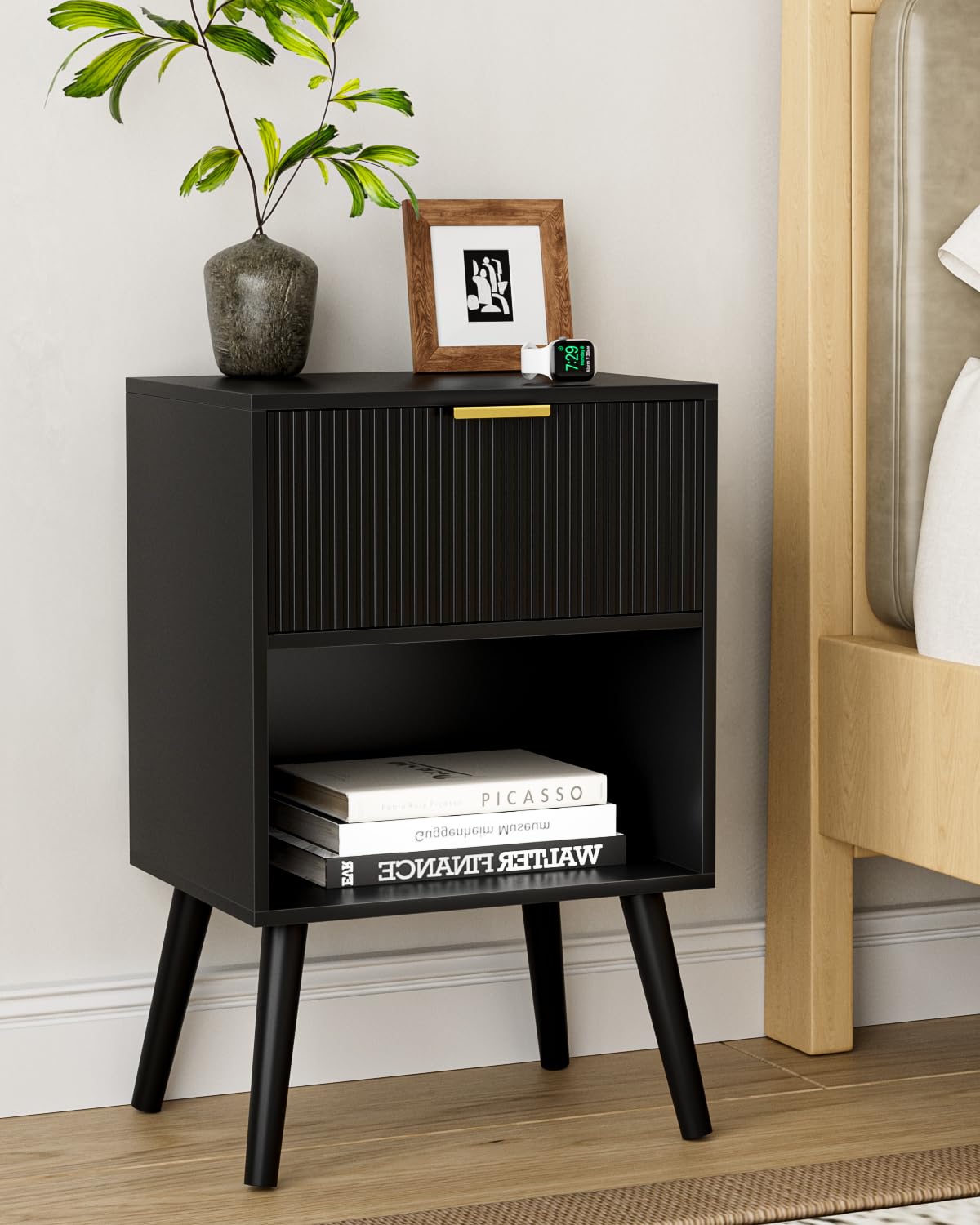 Apetaccat Bedside Table, Nightstand with Drawer and Storage Shelf, Black