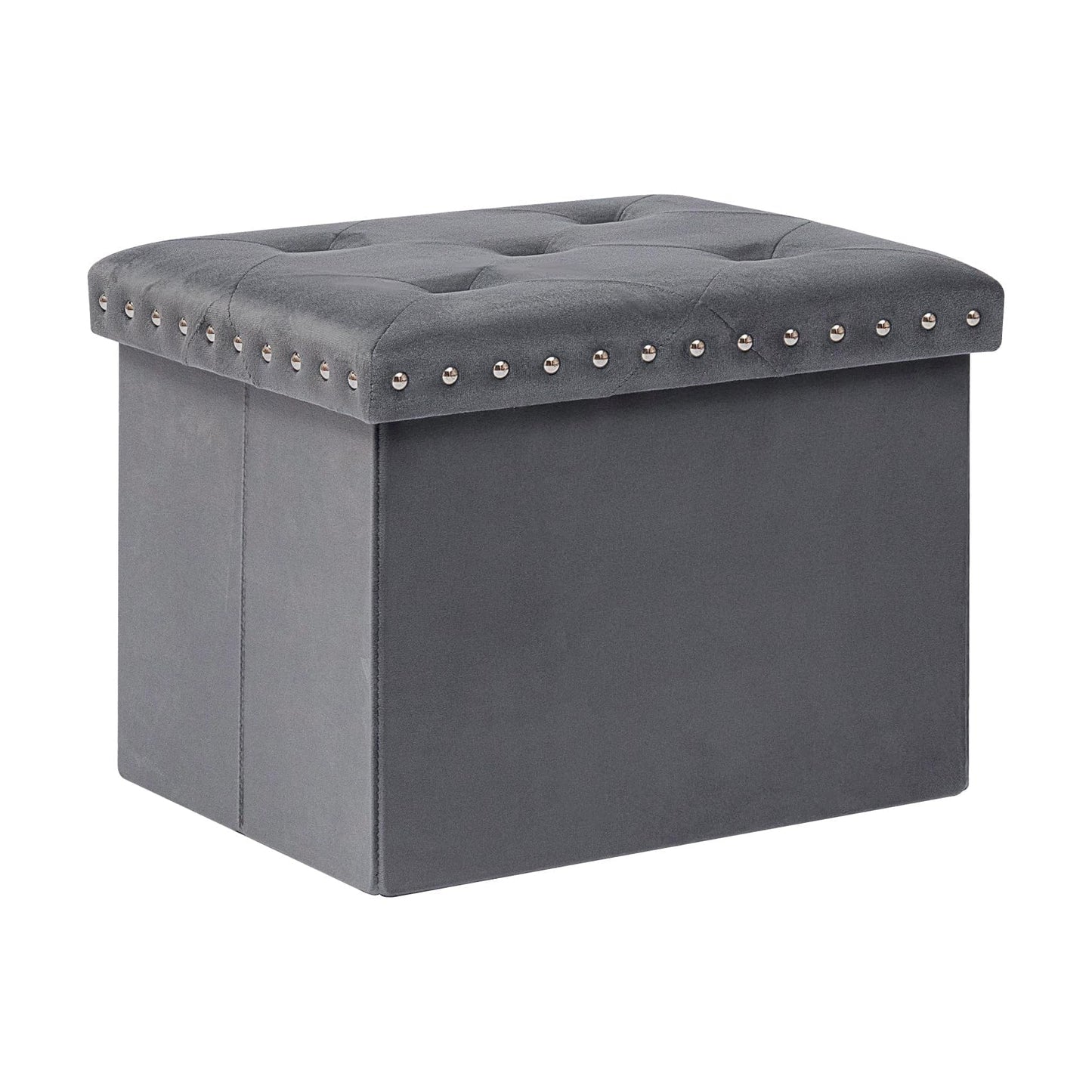 Bonlife Velvet Ottoman with Storage,Small Storage Boxes with Lids,Folding Ottoman Seat,Footstool for Living Room,42x32x32cm,Grey