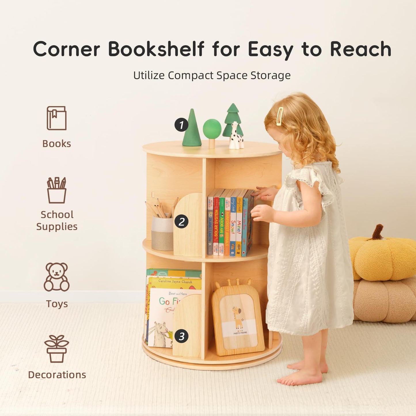 OOOK 2-Tier Rotating Bookshelf, Small Corner Wooden Spinning Book Shelf
