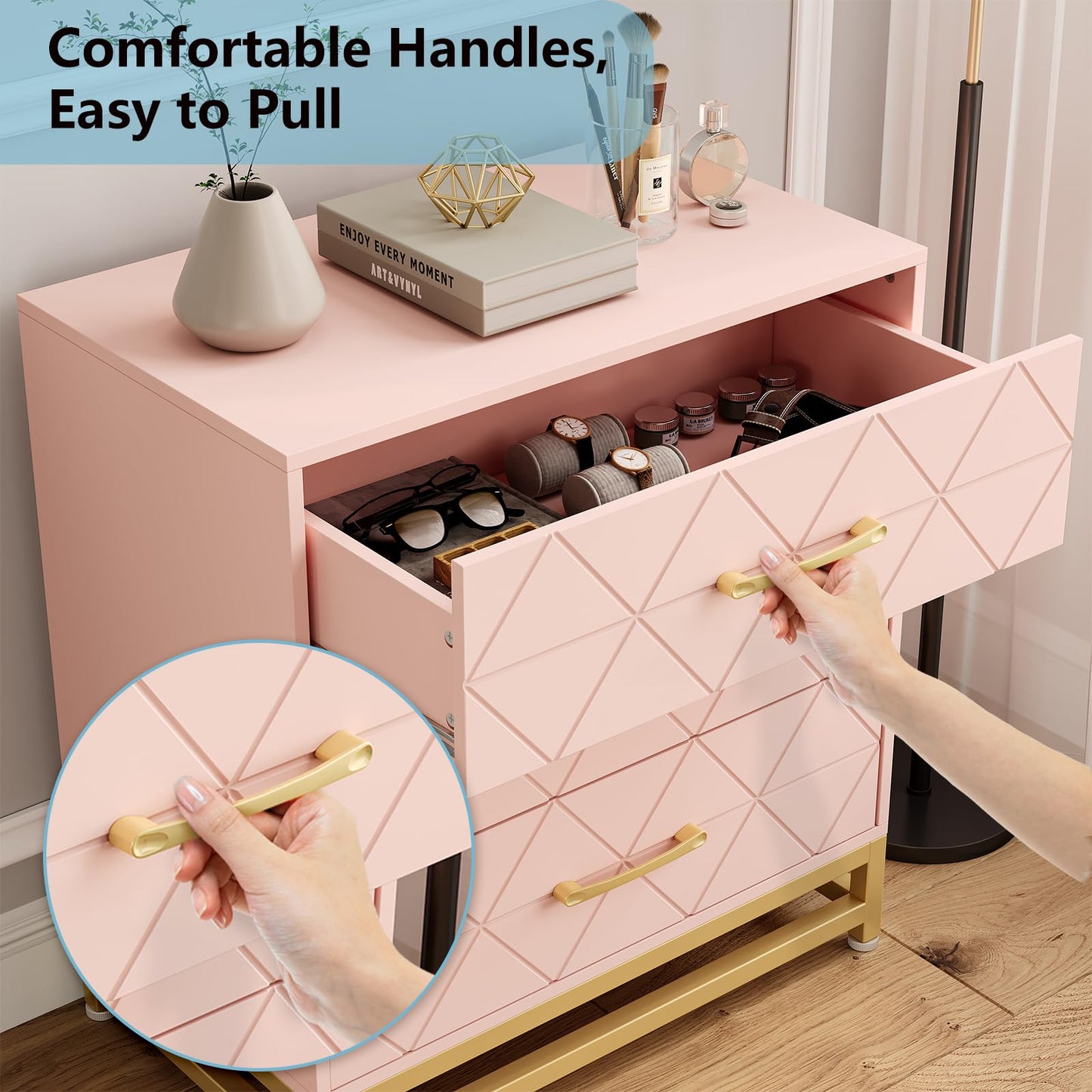 Dresser for Bedroom, Wide Chest of Drawers with 3 Drawers, Spacious Clothes Storage Cabinet Beside Table with Metal Handles & Sturdy Feet