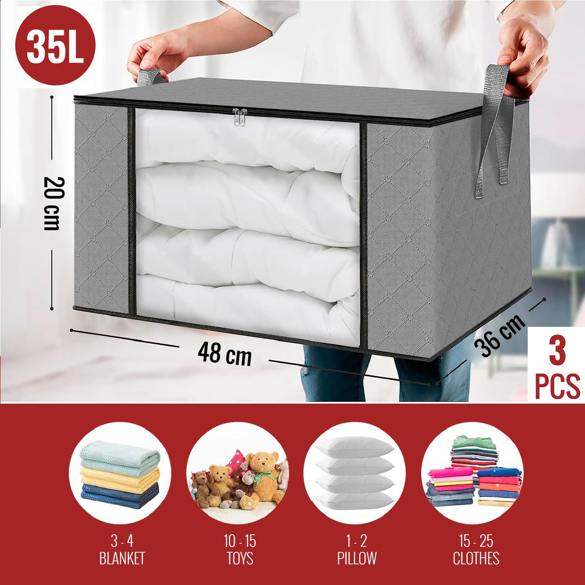 edihome, Clothes Storage Bag, 3 pieces, Wardrobe Organiser, with Reinforced Handles, Heavy Duty Cloth Pouches with Transparent Window